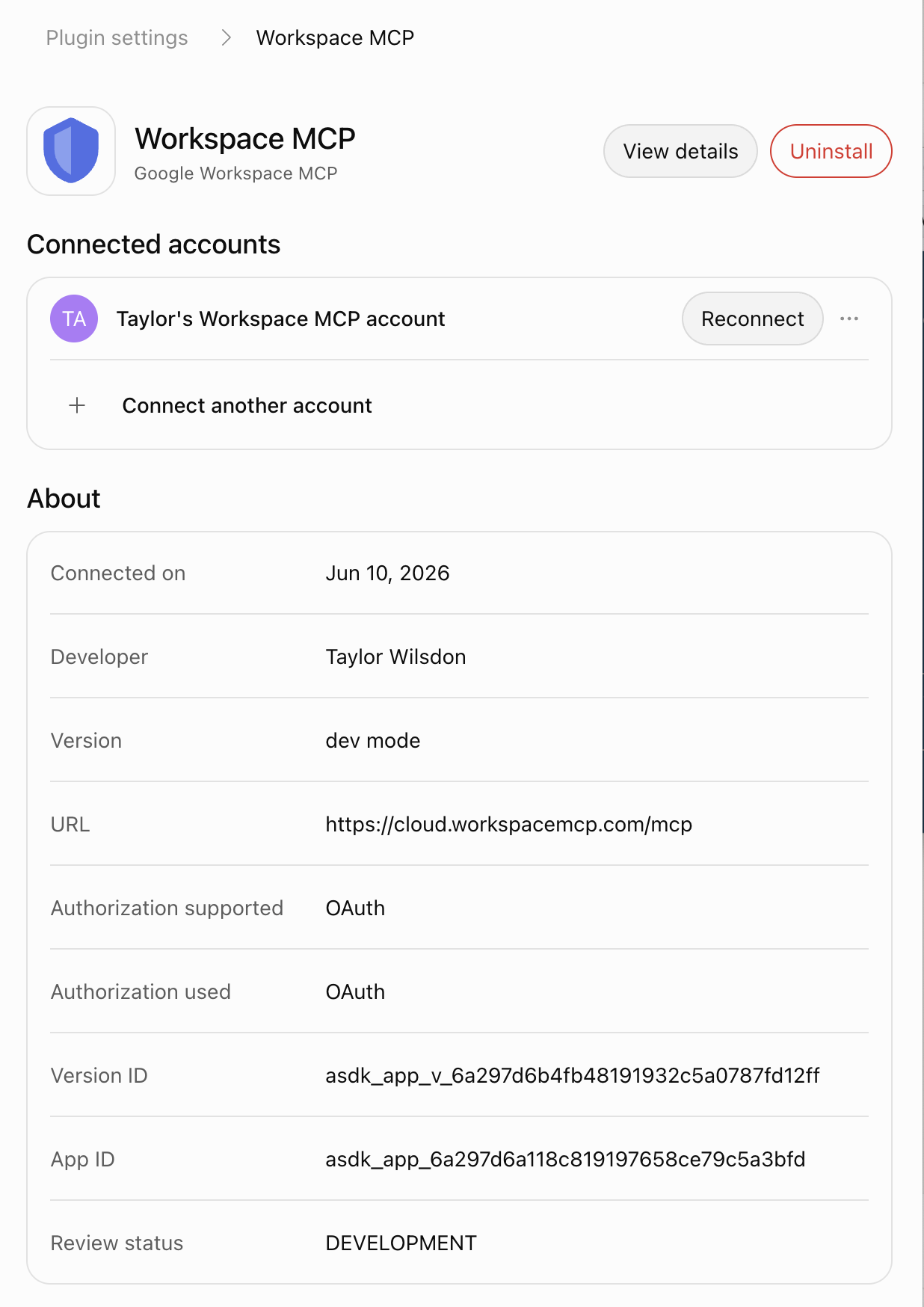 ChatGPT plugin settings for Workspace MCP showing a connected account and the server URL