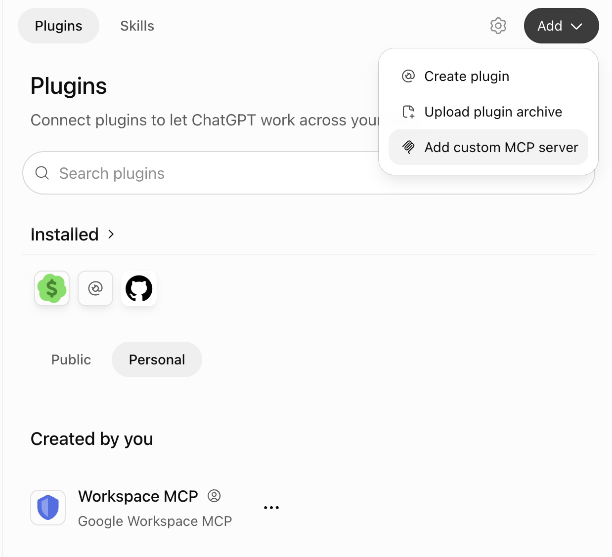 ChatGPT Plugins page with the Add menu open and Add custom MCP server highlighted