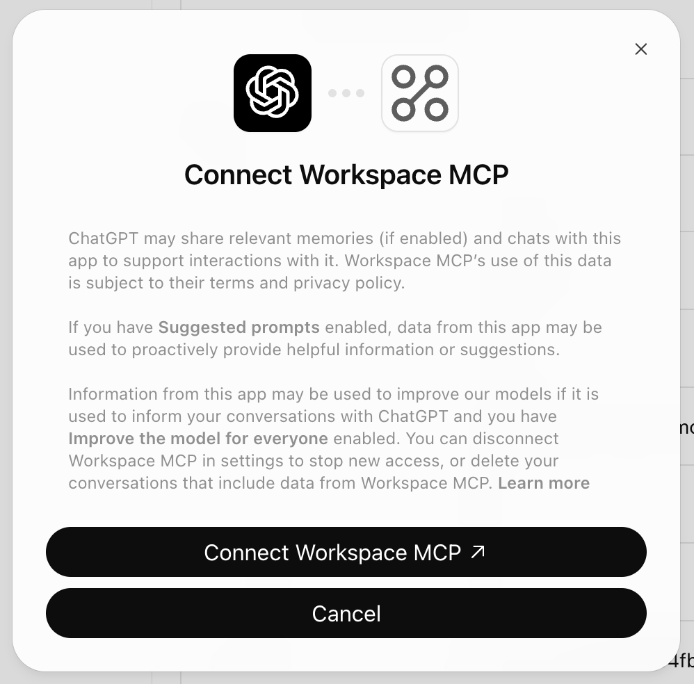 ChatGPT Connect Workspace MCP dialog with Connect and Cancel buttons
