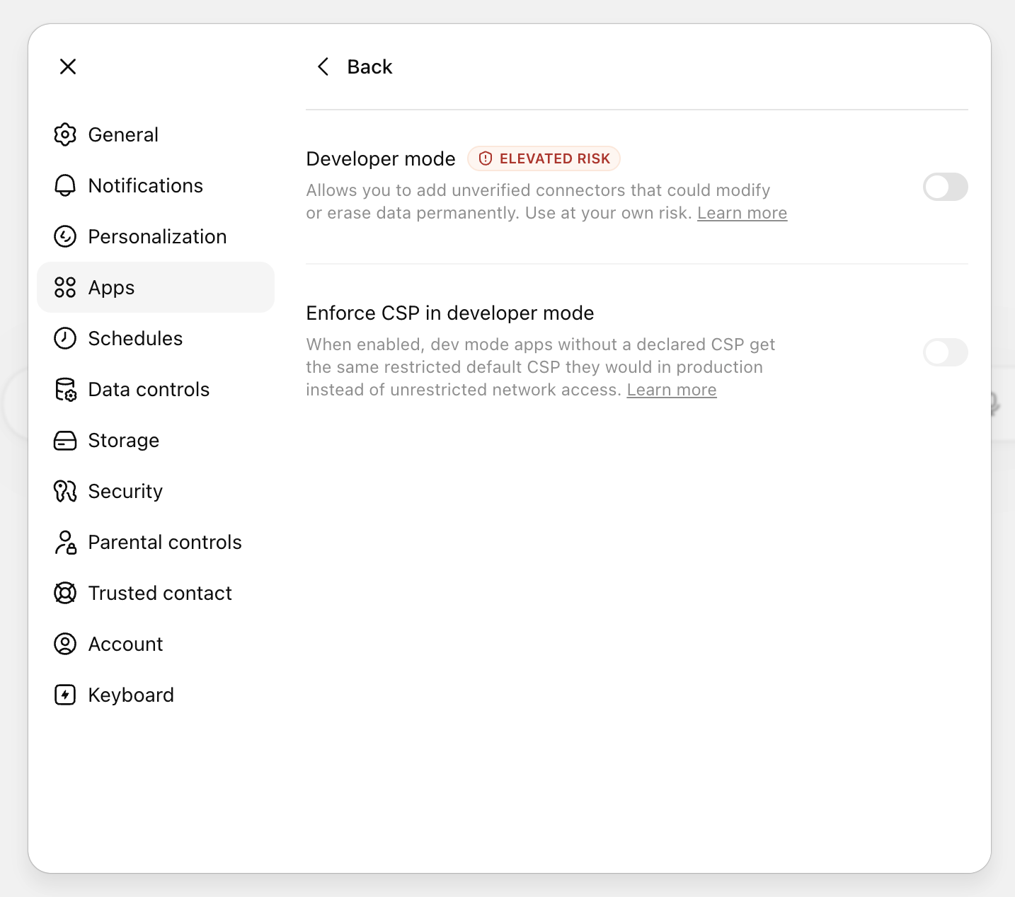 ChatGPT Apps advanced settings showing the Developer mode toggle enabled