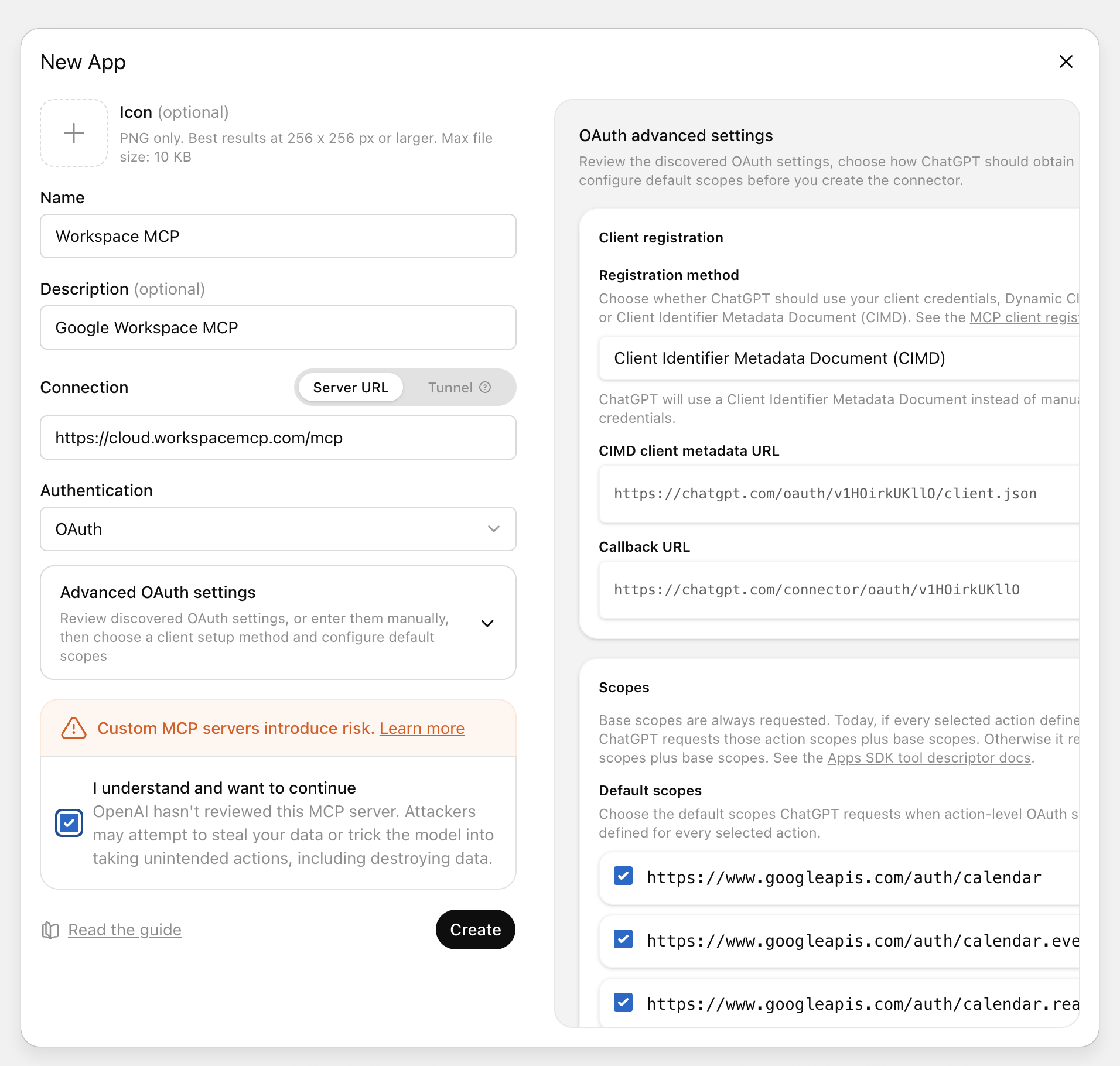 ChatGPT create app form showing Workspace MCP configured as a remote MCP server