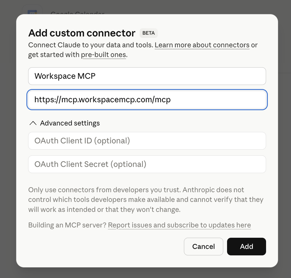 Claude add custom connector dialog with Workspace MCP name and MCP server URL